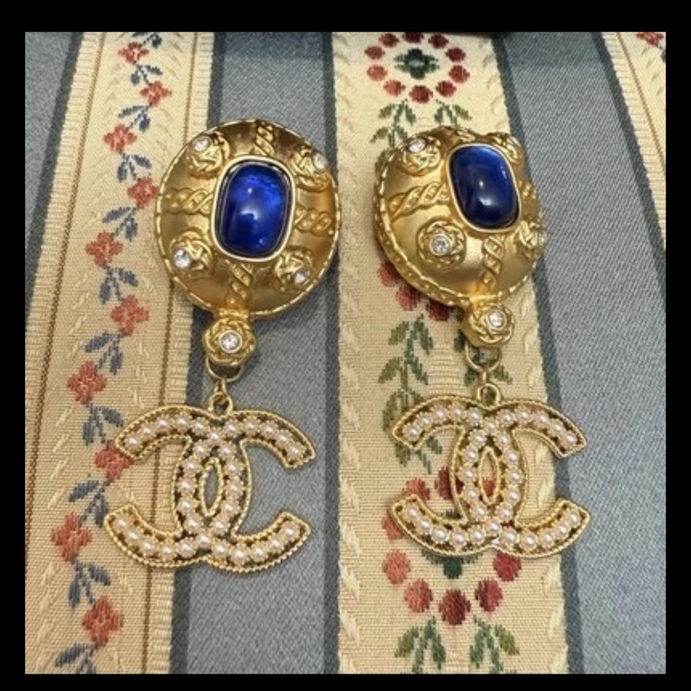 Gold Designer Logo Earrings - Picture 2 of 5